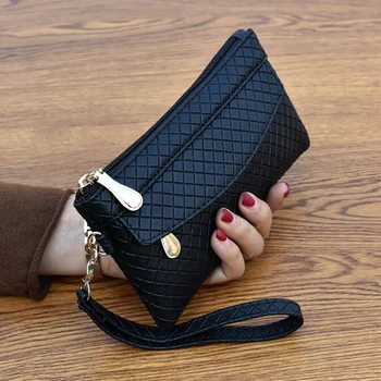 Дамска чанта, черна клатч от изкуствена кожа, дълги всекидневни кесия, портфейл за монети в стил Личи, дамска чанта, чанта за китката, джоб за телефон, джоб, притежател на кредитна карта