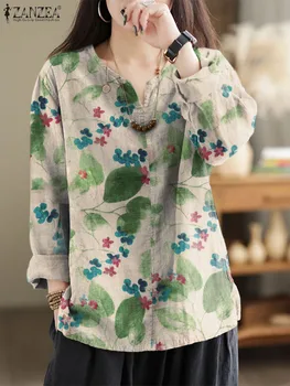 Дамски Бохемската блуза с дълъг ръкав ZANZEA Пролетна риза с флорална принтом, Реколта върхове-туники, ежедневни блузы за почивка с V-образно деколте, женски блузы за работа