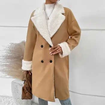 Дамски вълнена куртка, Стилно дамско двубортное плюшено палто с топъл шал яка подпора за Есен-Зима за пътуване до работа