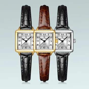 Дамски кварцов часовник с луксозен златист циферблат, ниша за часа, правоъгълник квадратна форма, кафява кожа, Orologio Reloj, женски реколта ръчен часовник