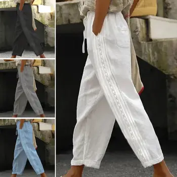 Дамски летни памучни ленени панталони, свободни джобове, еластичен колан, широки панталони в стил ретро, обикновена ежедневни девятые панталони