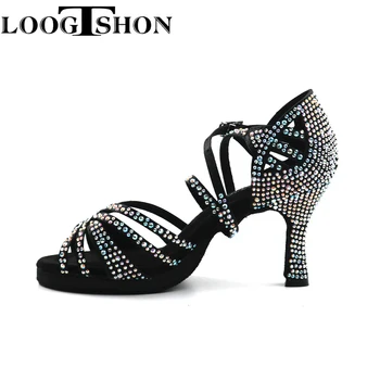 Дамски обувки на ток LOOGTSHON за танци салса, дамски сандали на платформа, сребърни танцови обувки с кристали за изяви на закрито.
