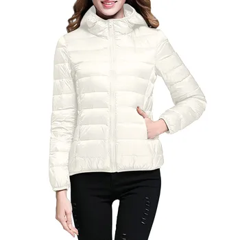 Дамски топли леки якета и палта, модерно ветрозащитное зимно палто с качулка и джобове, зимни тънка къса топла горна дреха от бяла патица