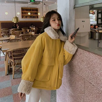 Дамско палто 2023, зимни блузи с отложным яка, корейската мода, палто с дълги ръкави, свободна ежедневни утепленная градинска дамски дрехи