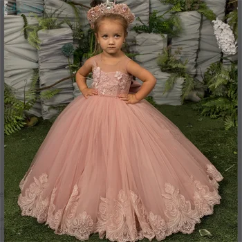 Дантелени буйни многослойни Розови рокли с цветя модел за момичета, бални рокли принцеса с тюлевым лък, детски рокли за парти по повод Деня на раждане, Първо причастие