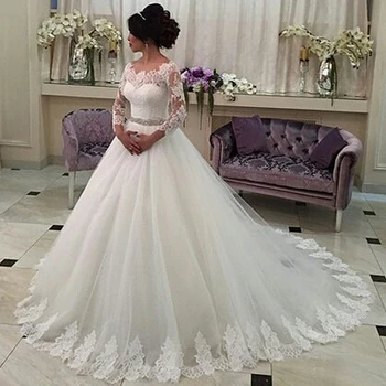 Дантелено тюлевое бална рокля сватбена рокля свързани с 3/4 ръкав 2015 сватбена рокля с аппликацией vestido de noiva расшитый мъниста колан манга лонга YY023