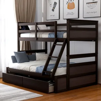 Двойно двуетажно легло с място за съхранение, с лестничными парапет, подходящ за спални, детски стаи - Еспресо