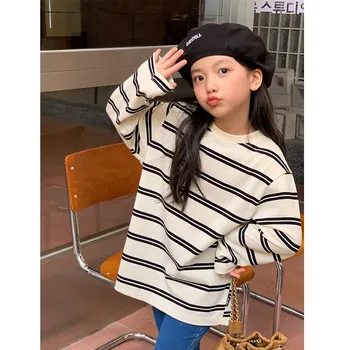 Детска модна тениска на райета, топ 2023, Пролет-есен, нови Корейски стилове, Прости ежедневни Удобни ризи за момичета с дълги ръкави за момичета