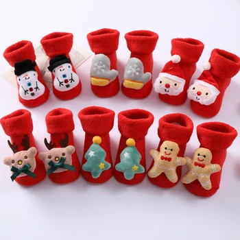 Детски Коледни чорапи За новородено, нескользящие 3D памучни къси чорапи за деца, зимата е топло утепленная обувки, дрехи 0-1 години