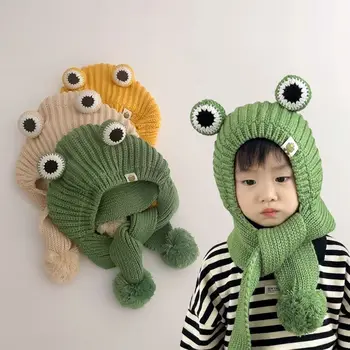 Детски комплекти шалове-шапки за еднократна употреба със защита на ушите, Скъпа Мека плюшена зимни детски шал-шапка, завързана шал с образа на жаба от карикатура, утепленная шапка за момичета и момчета