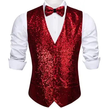 Дизайнерски жилетка за мъжете, копринен лъскав червен монофонични жилетка с папийонка, комплект за сватбени услуги, официални партита, яке без ръкави Бари Уонг