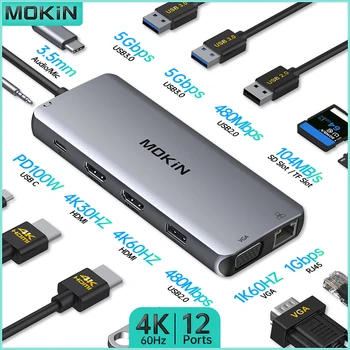 Докинг станция MOKiN 12 в 1, за MacBook Air/Pro, iPad, лаптоп Thunderbolt 4K60Hz HDMI, PD 100 W, слот за карти SD/ TF карта, USB2.0/3.0