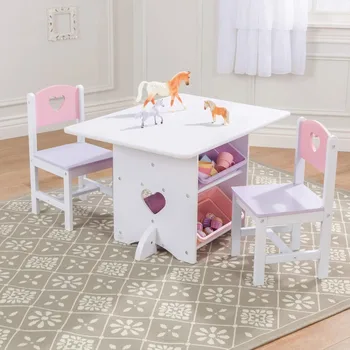 Дървена маса и стол във формата на сърце с 4 чекмеджета за съхранение, Детско обзавеждане – Розова маса за деца, столове и табуретки, за занимания с деца