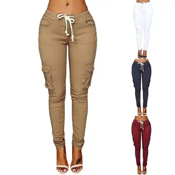 Ежедневни панталони, дамски панталон-молив, прави панталони Mather 2023, Пролет, чрез шнурове в областта на талията, Обикновена, с множество джобове, S-4XL
