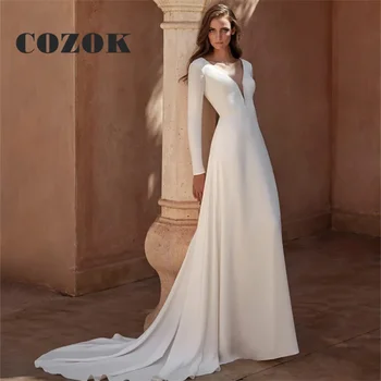 Елегантни булчински рокли с дълъг ръкав 2024 с дълбоко V-образно деколте, официално Прости булчинска рокля с А-силует с дължина до пода, Robe De Mariée Custom Z82Z