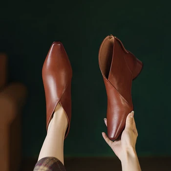 Есенни дамски обувки 2023 г., дамски обувки от естествена кожа с остри пръсти, ботильоны, модерни обувки, дамски обувки на плоска подметка с кожени обувки