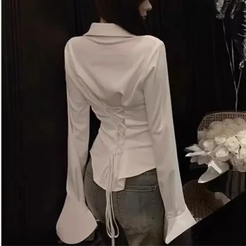 Есенни секси блуза от дантела с ревери, са били разкроена дамска риза с дълъг ръкав 2023, Обикновена прилепнали блузи, Бандажный дизайн, Реколта женски 30390