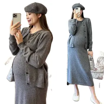 Есенно-Зимния комплект дрехи за бременни жени с дълъг ръкав, Нов стил, без пуловер, палто, утолщенное рокля, костюми за бременни, комплект Twinset