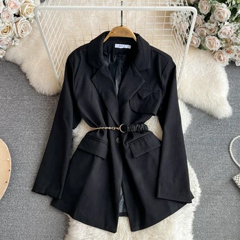 Есенно-зимния черен костюм, корейски стил, отложной яка, дълъг ръкав, дамски блузи midi, шик дизайн, тесни дамски палта