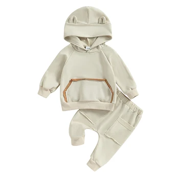Есенното облекло за бебета контрастен цвят, блузи с дълги ръкави и заячьими уши, Панталони с еластичен ластик на талията, комплект зимни дрехи
