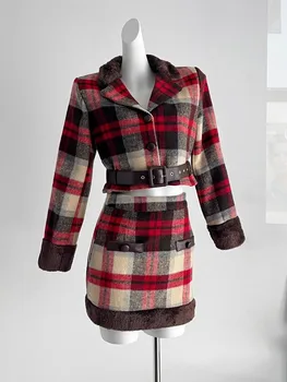 Есента блейзър в клетка от изкуствена кожа 2023, дамски ежедневни блузи Y2k + мини пола, Офис Женски комплект от 2 теми, Корея, модни дрехи
