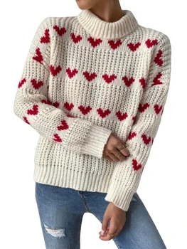 Жена пуловер свободна плетени, Жакард пуловери с дълги ръкави във формата на сърце, Пролетно-есенни скок с имитация на шията, градинска облекло
