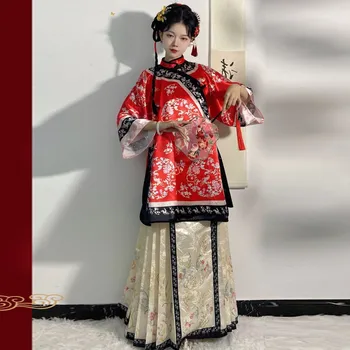 Женска пола Кинг Han с кръгло деколте, оригинална пола Hanfu, китайски топ с бродерия на тежката промишленост на династия Цин Мамяньцунь в китайски стил