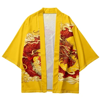 Жълто Кимоно с принтом китайски дракон от карикатура, мъжки Японски Плажни Юката, Дамски жилетки, cosplay, дрехи Samurai Haori Asia