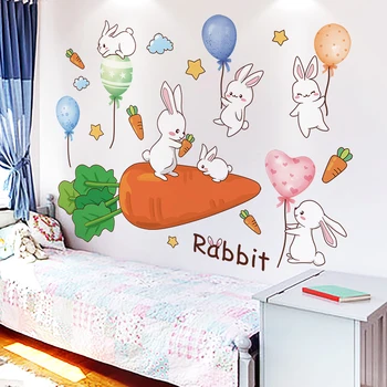 Зайците са Животни Стикери за стена НАПРАВИ си сам Cartoony Заек Моркови балони Стенни стикери за детска стая-Детска Спалня Декорация на дома