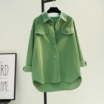Зелена Авокадо Вельветовая ризата е със средна дължина, Дамски Есенна новост 2023 г., Удебелена риза с двоен джоб, палто, жилетка