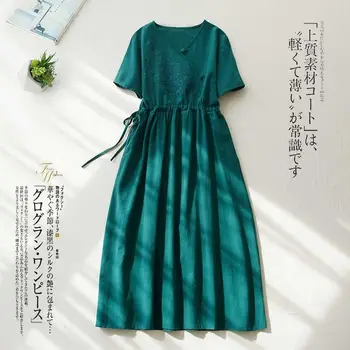 Зелена однотонное Ежедневното Свободно Женски ленено рокля трапецовидна форма, с къс ръкав, Корейската мода, Дълги рокли с бродирани, за жени, лято 2023 г.