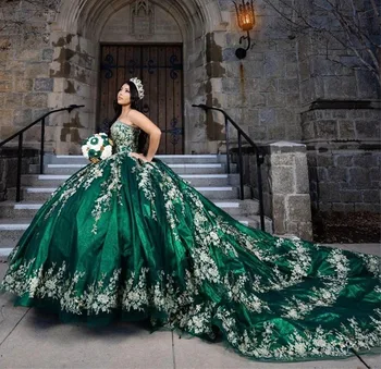 Зелени тучни принцесата рокли, бална рокля с аппликацией във формата на сърце, Сладки 16 рокли 15 Años по поръчка