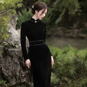 Зимата Черно Велюровое Ципао с дълъг ръкав, китайското женско Елегантна Ежедневна рокля с яка-часова Рокли