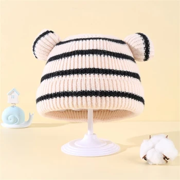 Зимна топла шапка-бини за новородени момчета и момичета, вязаная на една кука Раирана шапка