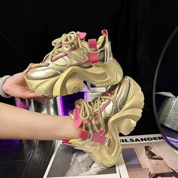 Златни, сребърни Масивни маратонки Дамски 2024 Есенни обувки на платформа с дебела подметка Дамски обувки за татко от изкуствена кожа дантела Женски