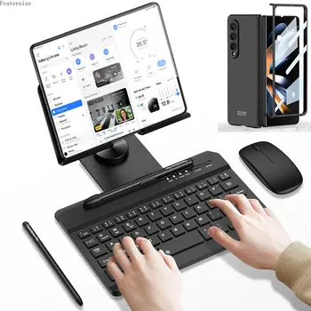 калъф за Samsung Galaxy 5 4 3 2, калъф с Bluetooth клавиатура, мишка, дръжка, метален сгъваем скоба, калъф за телефон с предпазно фолио за екран