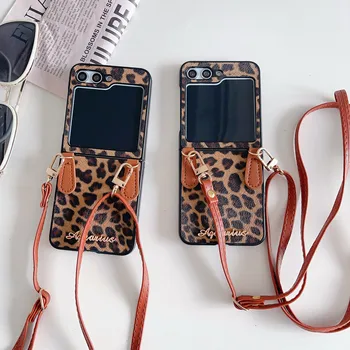 Кафява Леопардовая пантера с джапанки през рамо от изкуствена кожа + твърд калъф за телефон Samsung Galaxy Z Flip 1/2/3 / 4 /5 Калъф