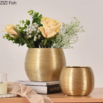 Керамични саксии със златна четка, Декоративна Кръгла Златна ваза с цветя, Саксии за растения, Цветя договореност, Порцеланови Вази Nordic Home Decor