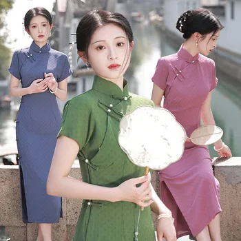 Китайски ретро памук Чонсам за жени, подобрено елегантна тънка дълга рокля в ретро стил, традиционно облекло Ципао