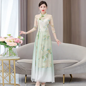Китайски Чонсам, женски шумерское рокля, Тънък Виетнамски Ад дай, комплектът включва панталони, Нови