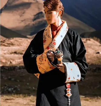 Китайските традиционни тибетски халат за баня, мъжки костюм, черно зимно палто