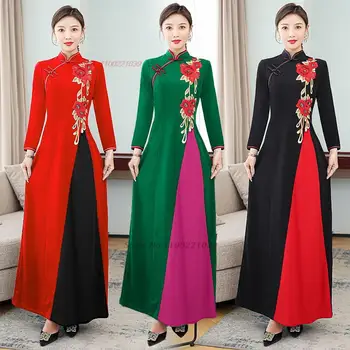 китайското винтажное рокля 2024 г., обличам чонсам, традиционна бродерия на цвете, подобрено ципао, източно сватбена вечерна рокля за банкет