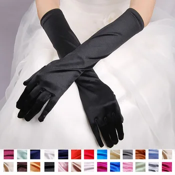 Класически ръкавици за възрастни, черни, бели, червени, сиви, на лакът/китката, разтеглив сатенени ръкавици за пръсти, дамски ръкавици, подходящо облекло