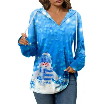 Коледна hoody с качулка, дамски Ежедневни Домашна тренировка на открито, тениски с дълъг ръкав и кръгло деколте, Дамски пуловер с принтом, блуза