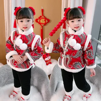 Коледна Рокля За момичета Hanfu, Зимно Утолщенное Бебешка рокля в Китайски Стил Тан, Празничен Червен Костюм с дълги Ръкави За момичета