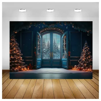 Коледно дърво до прозореца, Бонбони, фон за снимки, Дървени врати, Снежен човек, Кино, Бор, Коледен реквизит LPR-01