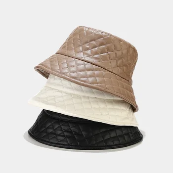 Корейска рибарска шапка в клетка от мека изкуствена кожа, дамски есенно-зимната реколта топла шапка с чадър, шапка, за лице, малка шапка за басейна на прилив на
