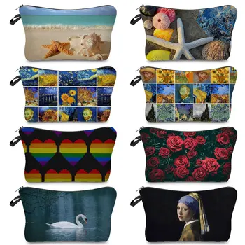 Косметичка, пътна чанта за тоалетни принадлежности с цип, женски козметични чанти, живопис с маслени бои с теплопередачей, морска звезда, цветя модел, адаптивни
