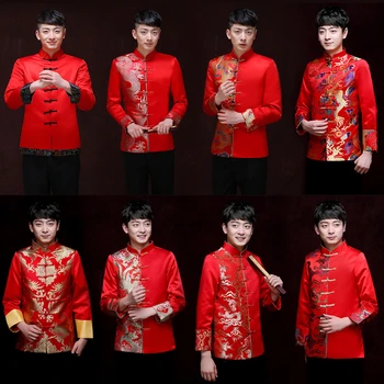 Костюм Тан Червена Традиционна китайска облекло Мъжете Топ с бродерия Hanfu Принт Дракон Ретро Сатен, Кунг-фу нова година етикет партита