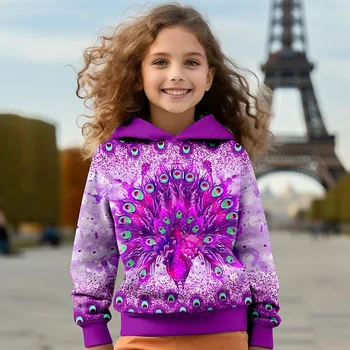 Кралят пуловер с качулка с 3D павлином за момичета, дълъг ръкав, 3D принт, пролет-есен, активна мода, сладък деца от полиестер